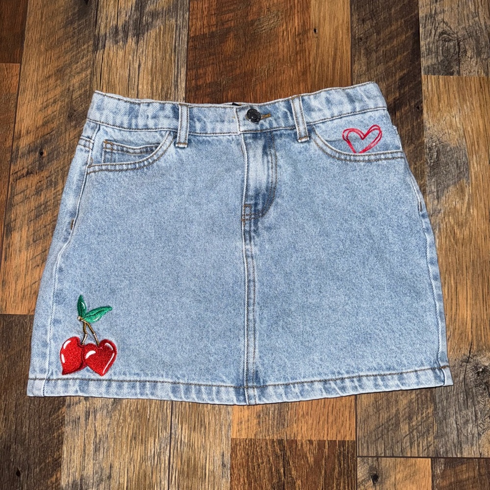 Forever 21 Light Blue Denim Skirt with Red and Pink Embroidery